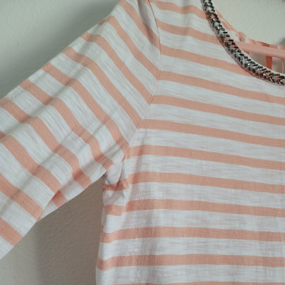 Chicos Womens 3/4 Sleeve Beaded Stripe Nautical Top Sz L Pink Tie Neck Casual - Picture 4 of 13
